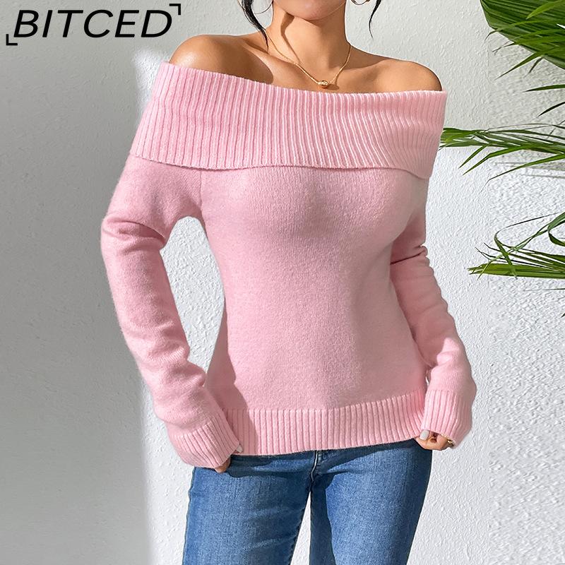 

BITCED Women s Tailored Off-Shoulder Sweater Sexy Bare-Shoulder Knit Sweater Solid-Color Base Layer Knit Top XL розовый