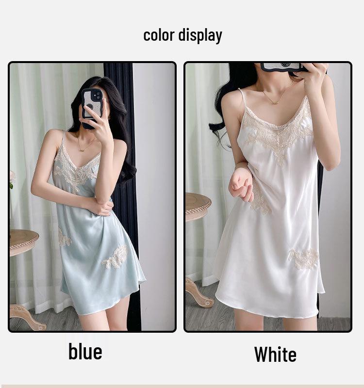 2025 Women's Pure Desire Ice Silk Robe with Lace Trim & Spaghetti Straps, Solid Color, Simple, Chest-Padded Homewear