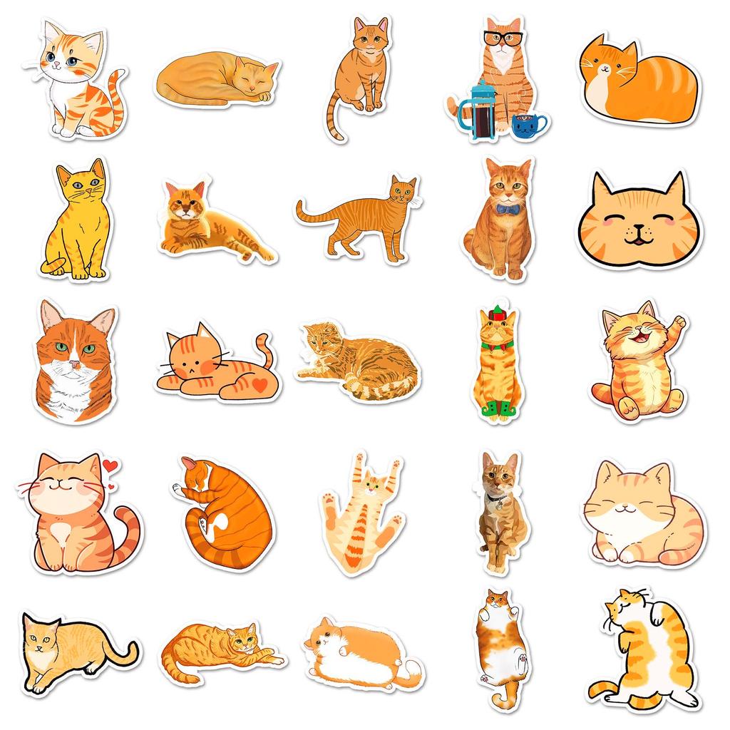 50 Cute Orange Cat Graffiti Stickers for Decor: Perfect for Phone Cases, Water Bottles, and Suitcases.
