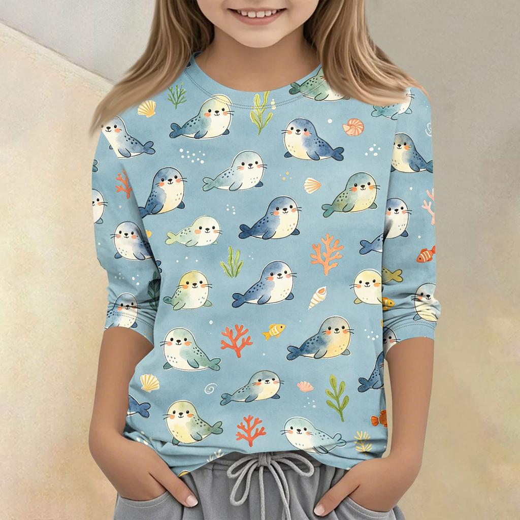 Kids Animal Print Crew Neck Three Quarter Sleeve Casual T Shirt Soft Comfortable Fabric Suitable for Everyday Wear and Play