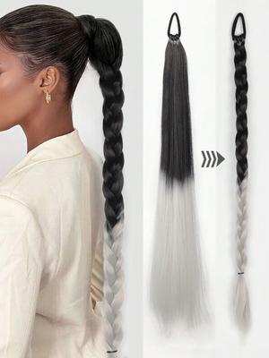 Synthetic 28 Inch Braided Ponytail Extension Long Straight With Rubber Band Braided Ponytail For Women's Daily Use