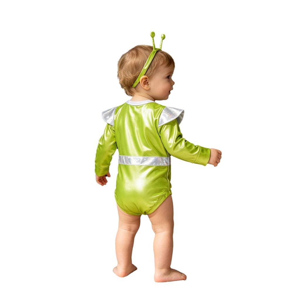 Baby Girls Color Block Alien Outfit Long Sleeve Press Button Crotch Metallic Romper Photography Costume