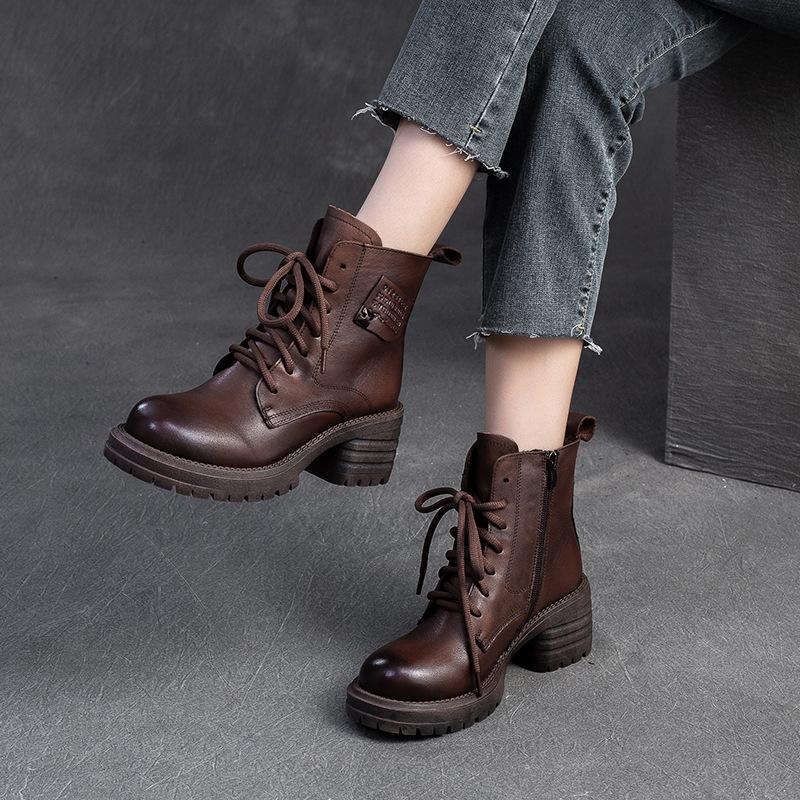Fashion GKTINOO 2025 Genuine Leather Platform Boots Women Shoes Autumn Winter 6cm Thick Heels Ankle Boots Lace Up Zipper Ladies Pumps