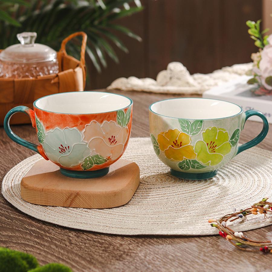 Rustikale handbemalte florale Keramik-Frühstückstasse, 500 ml Fassungsvermögen, Kaffeetasse mit buntem floralem Muster, Haushaltsmilchtasse