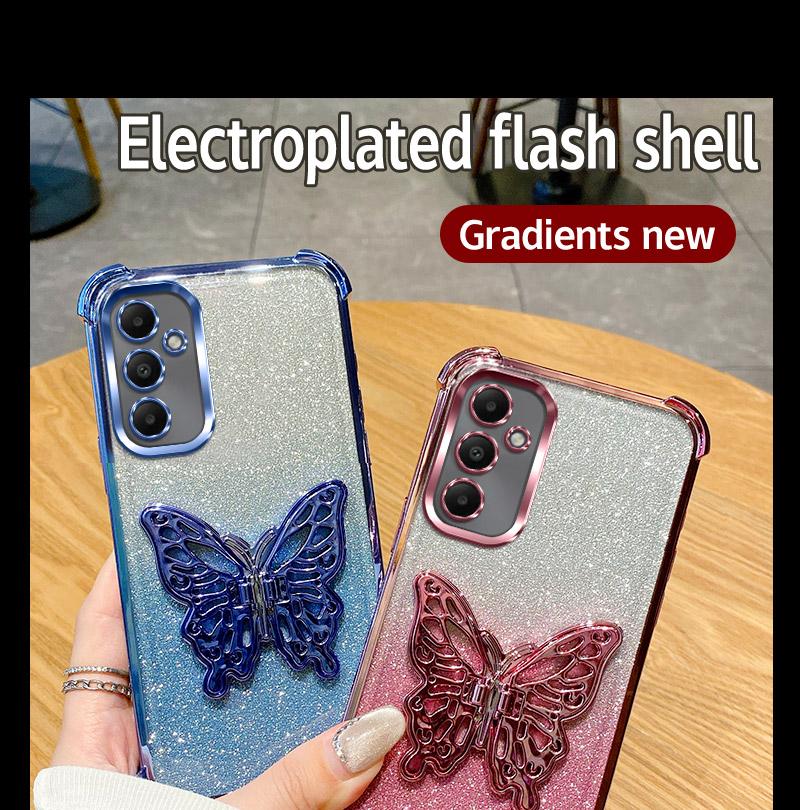 Plating Shockproof Butterfly Holder Phone Case For Samsung Galaxy A04E A04 A14 A24 A34 A54 A73 A53 A33 A23 A13 4G Glitter Cover