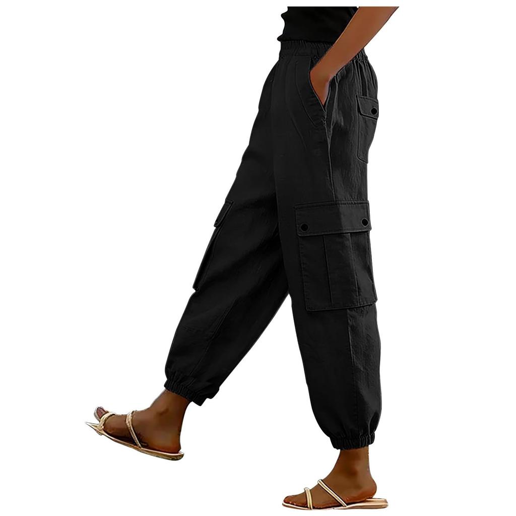 Women Drawstring Waist Cargo Pants with Elastic Cuffs and Large Side Pockets for Casual Outdoor Daily Wear