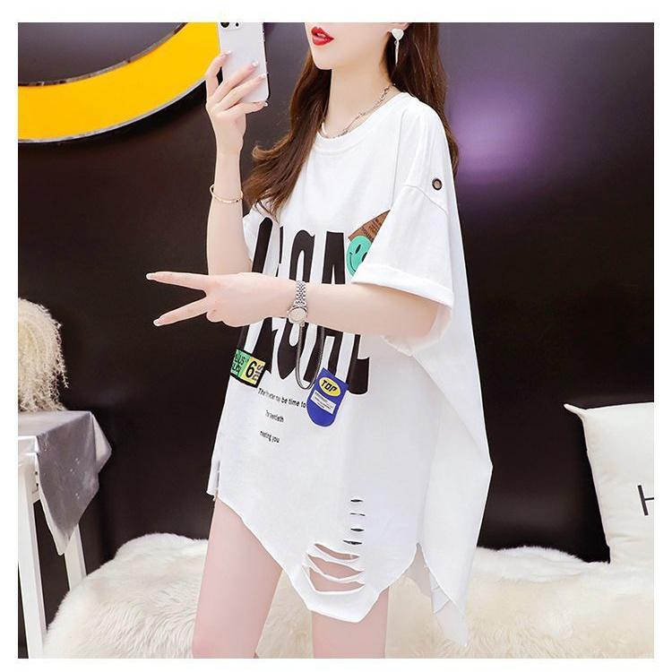 

Плюс Размер Женская летняя футболка с короткими рукавами корейские топы больших размеров свободные нерегулярные рваные повседневные принтованные футболки L