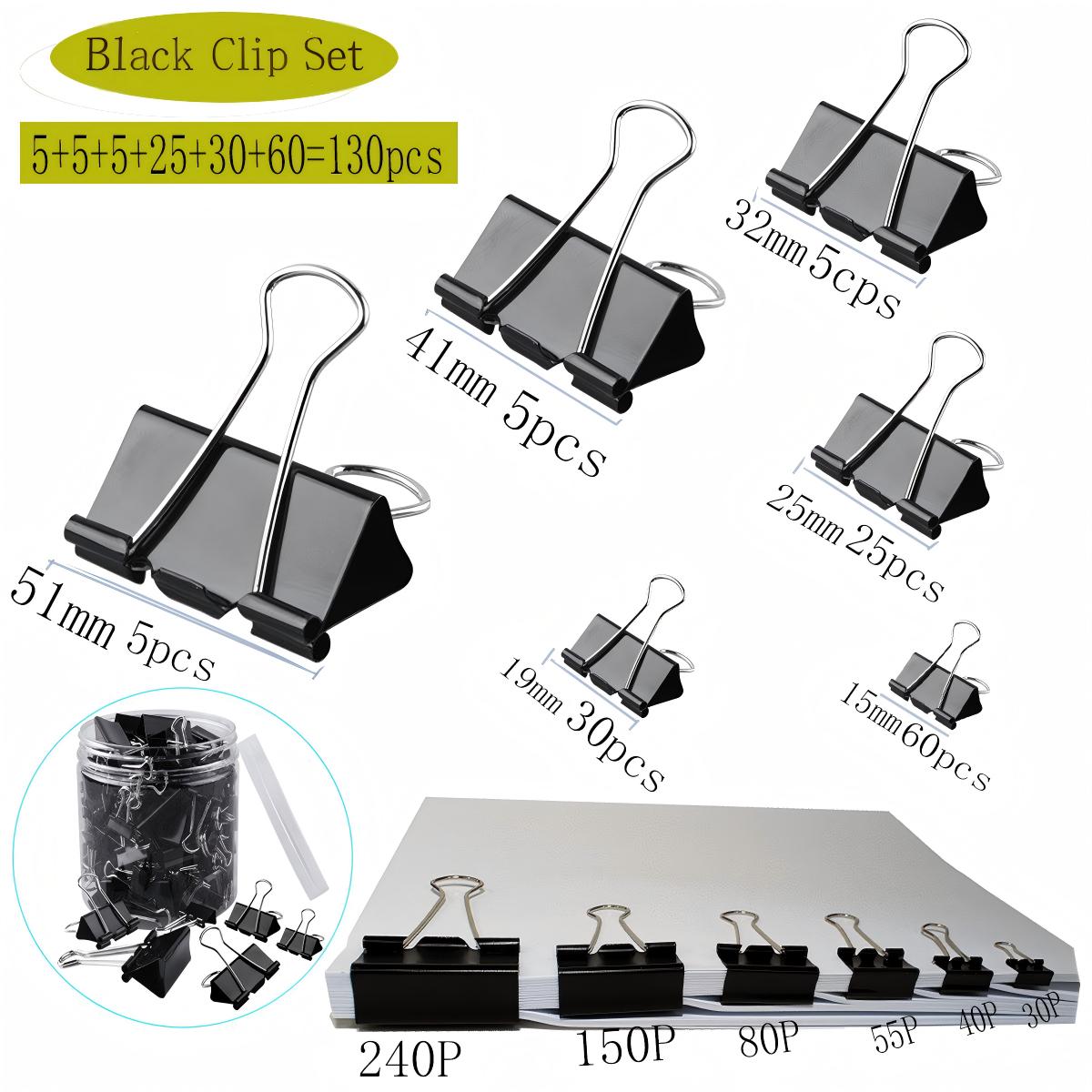 130 Black Long-tail Clips, Office Stationery Set, Assorted Sizes, Dovetail Clips, Document Binders чёрный