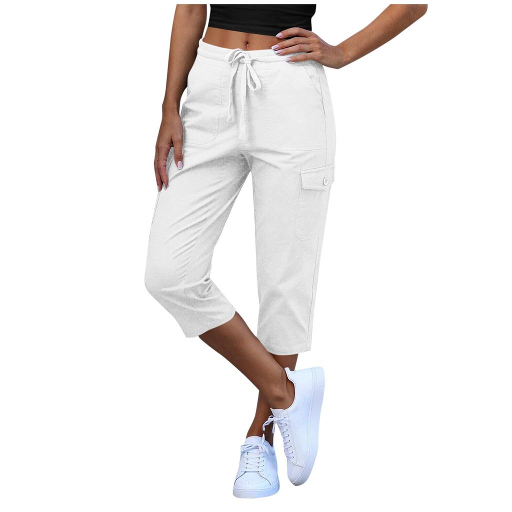 Women Elastic High Waist 3/4 Pant Casual Fit Wide Capris Leg Pants Trousers With Pockets