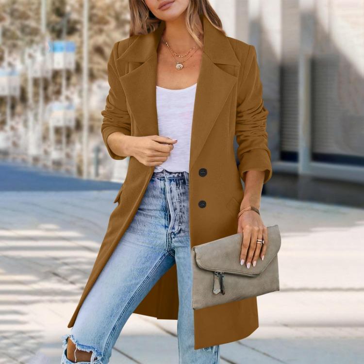 Woolen Coat Women Mid Length Button Down with Lapel S верблюд