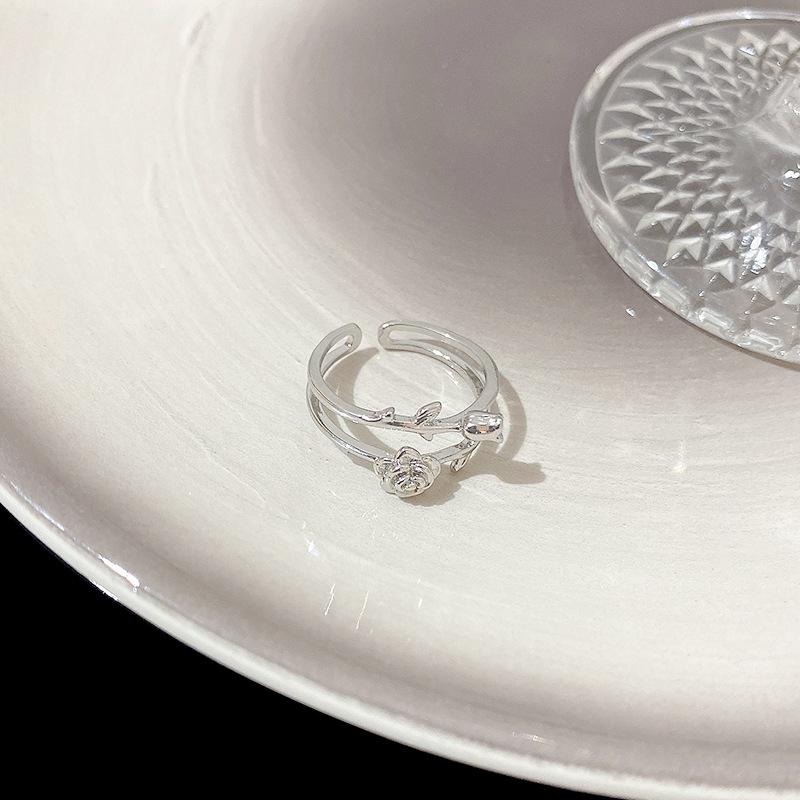 Silver Rose Flower Double Open Ring Women's Cold Wind Design Index Finger Ring Retro Jewelry
