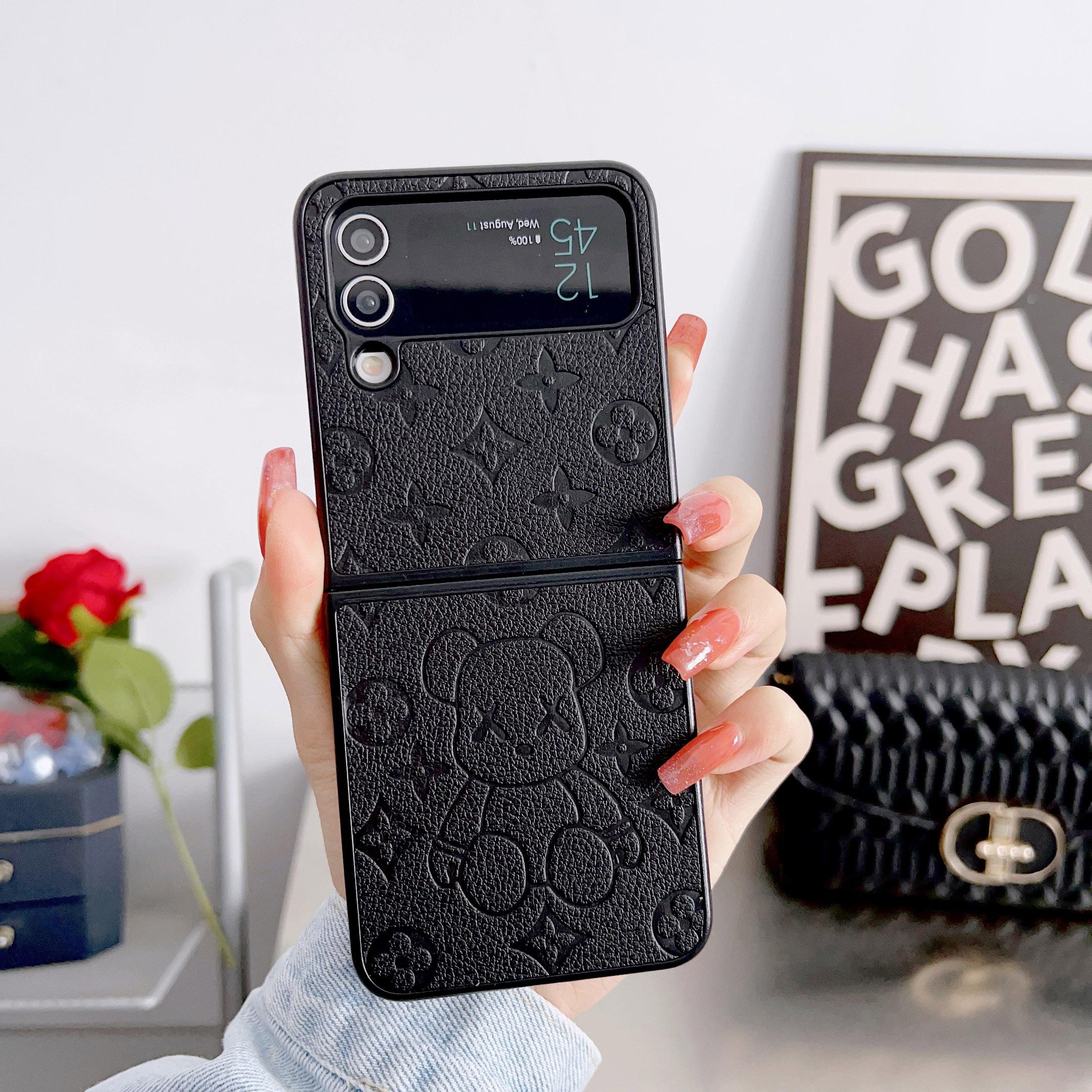 

ZFlip4 Жесткий чехол для ПК с милым медведем и тиснением для Samsung Z Flip 3 Z Flip 4 Funda, чехол для телефона из искусственной кожи, Z Flip4 Z Flip3 ZFlip3, полная защита Samsung Z Flip 3