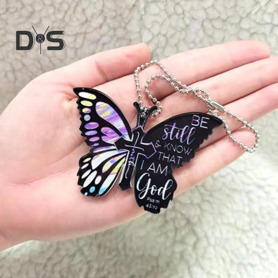 Motyl Brelok Zawieszka Lusterko wsteczne Ozdoba Bądź Spokojny I Wiedz, Że Jestem Bogiem Akrylowy Płaski Klucz Samochodowy Wiszący Zawieszka