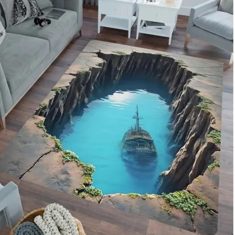 2D Illusion Shipwreck Area Rug Realistic Cracked Cliff Pirate Ship Print Nautical Adventure Themed Floormat Soft Non-Slip Carpet