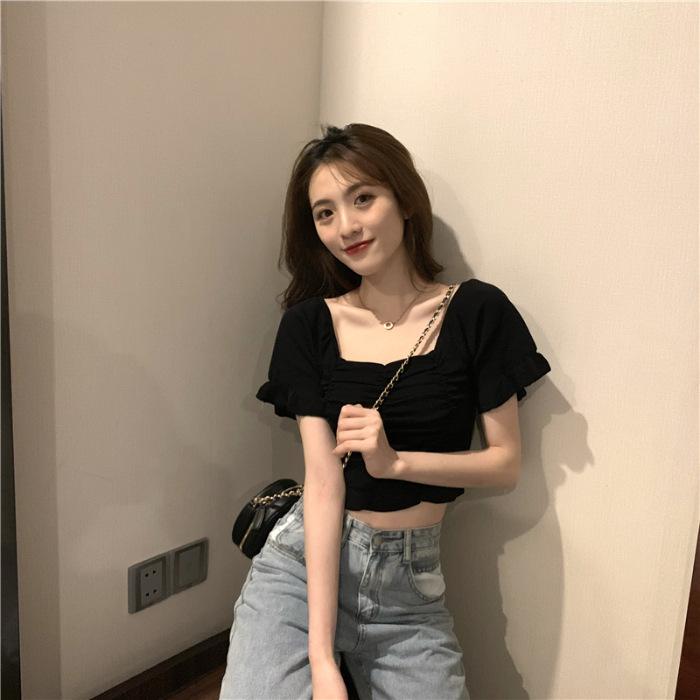 Summer new square collar exposed collarbone pleated short-sleeved T-shirt women's retro knitted short bottomed shirt top