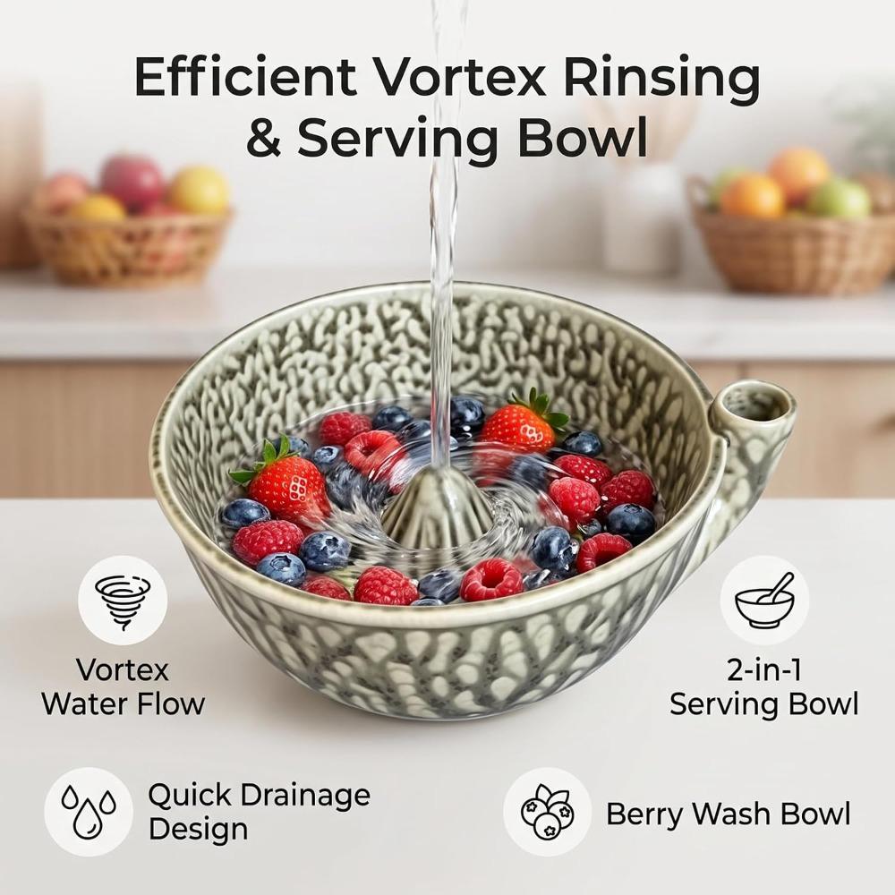 Ceramic Material Fruit Vegetable Colander Beige Self Rotating Bowl Berry Washing Bowl Home Kitchen