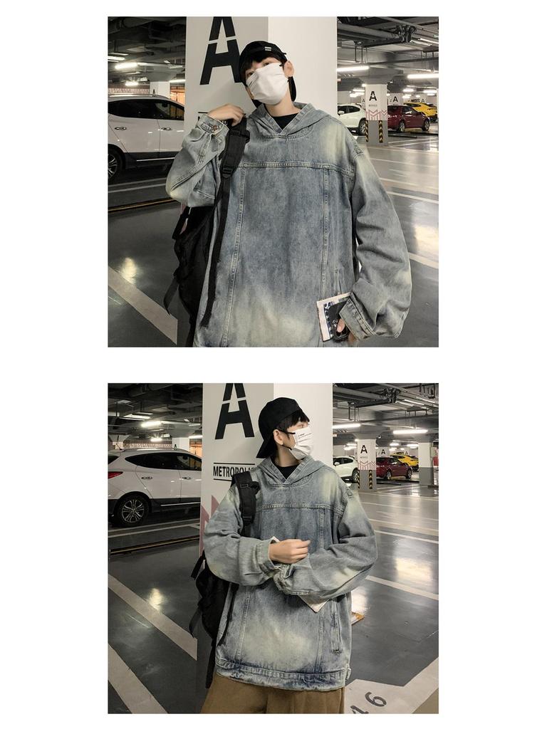 Men's Retro Denim Hooded Sweatshirt Jacket – Washed Distressed Look for Autumn/Winter
