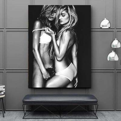 Pinturas de mulheres seminuas em preto e branco, pôsteres e impressões de beleza, garotas sensuais se abraçando, arte de parede, imagem para decoração de quarto moderno