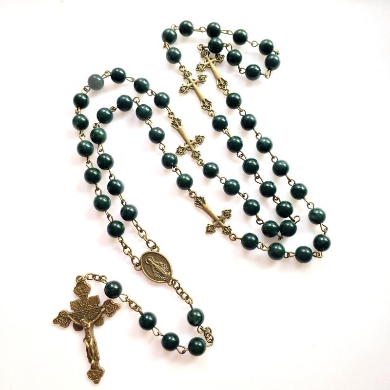 Green Pearl Beads Rosary Necklace with Medal & for Cross Crucifix Pendant Y Shape Necklace Jewelry Gifts for Women Men