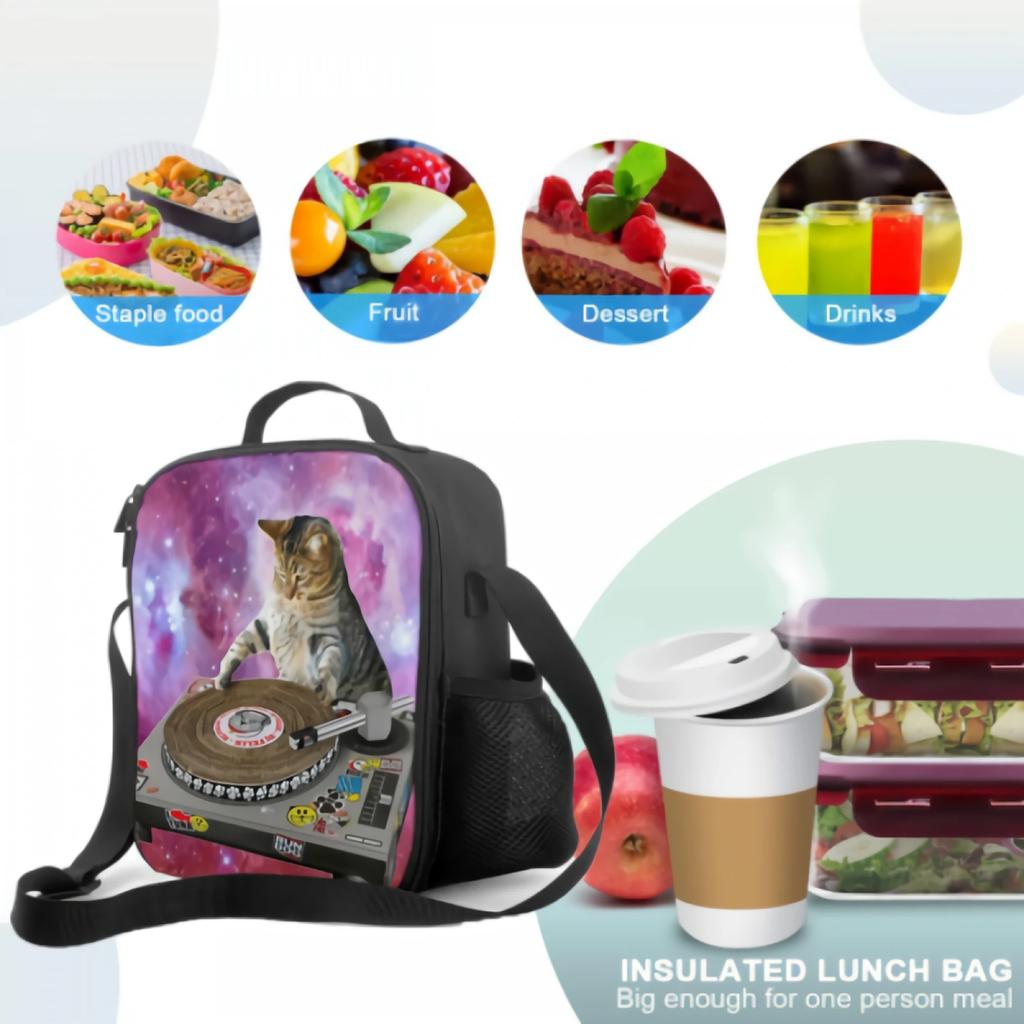 Funny Cat DJ Insulated Lunch Box Leakproof Portable Lunch Bag with Adjustable Shoulder Strap Reusable Cooler Tote Bag for Picnic