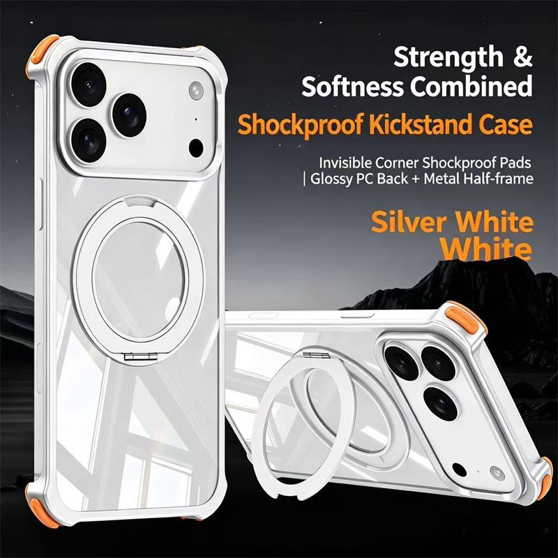 For iPhone 17 16 15 14 13 Pro Max Transparent Aluminum Alloy Frame Phone Case For Magsafe 360° Rotate Magnetic Shockproof Cover