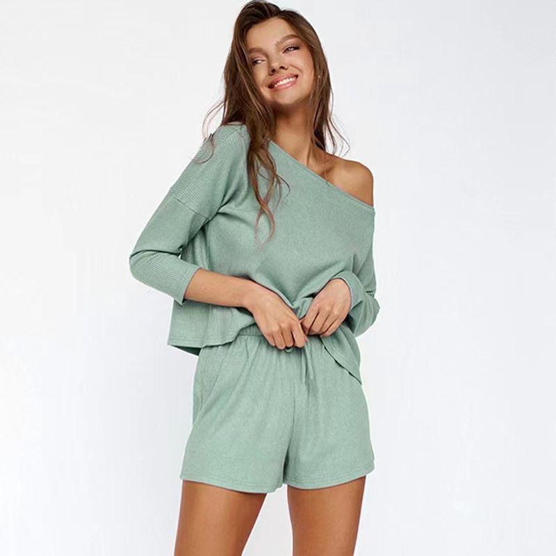 

European and American Sunken Stripe Top Shorts Fashion Set Home Wear Pit Stripe Top and Shorts Set Green M