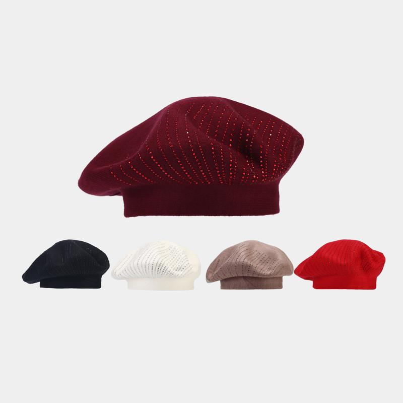 Autumn Winter Ladies Beret Cap With Knit Fabric And Sparkling Details For Stylish Wear