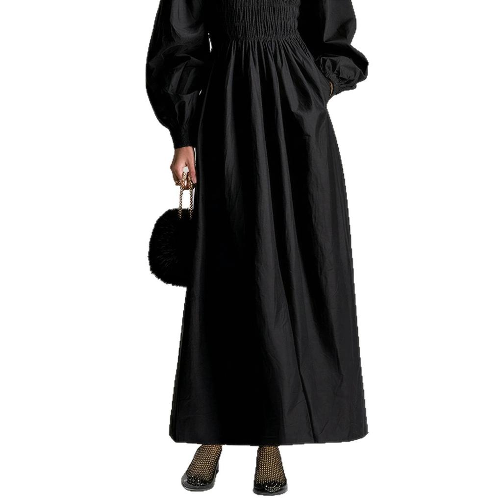 European and American early autumn new elegant A-shaped dress long dress temperament wind bubble sleeve pocket fold