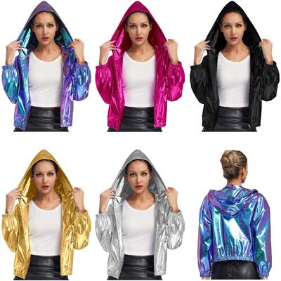 Holografische Damenjacke in den Größen S-4XL: Glitzernder Metallic-Langarmmantel mit Kapuze und Reißverschluss – perfekt für Club und Ausgehen