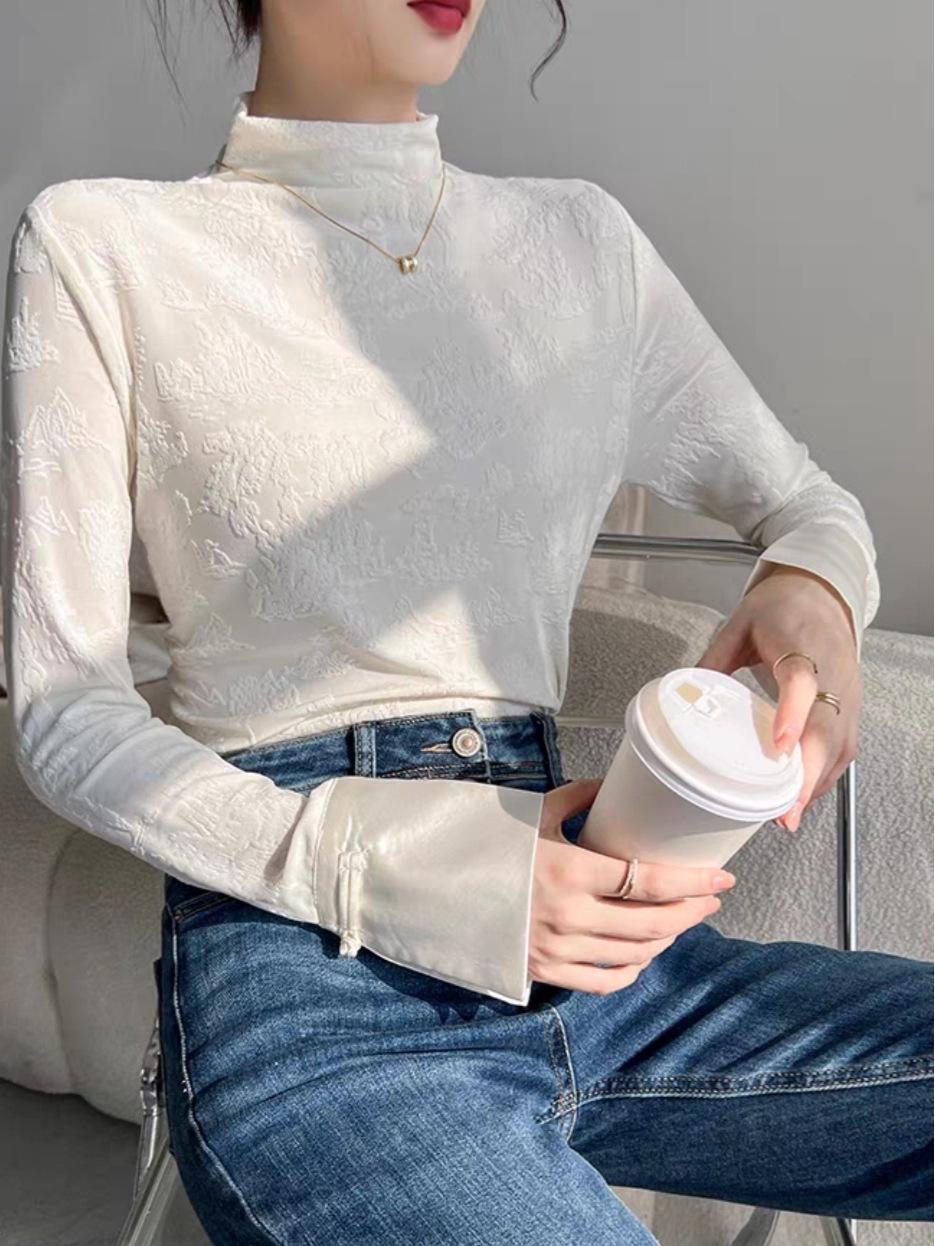 

Women s Autumn/Winter 2025 National Style Long-Sleeve Half-High Collar Base Layer Top in Black/White XL белый