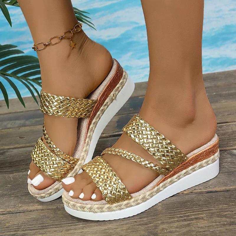 Fashion Gold Wowen Straps Wedge Sandals Women Summer 2025 Platform Rome Shoes Woman Lightweight Thick Sole Sandalias Plus Size 36-43
