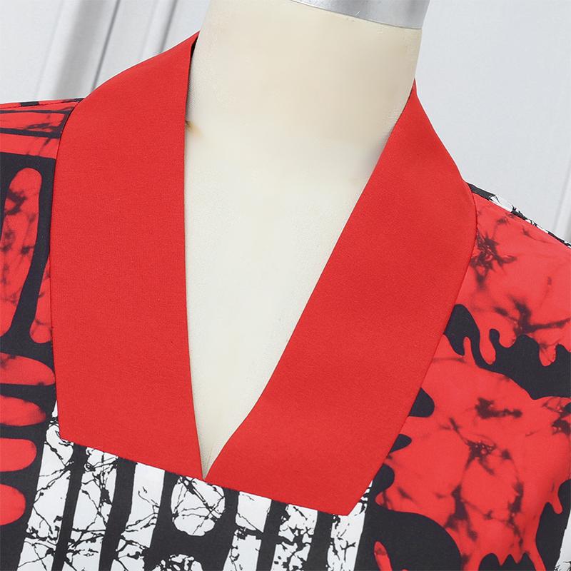 M-5XL Damen V-Ausschnitt Halber Fledermausärmel Gestreifter Druck Patchwork Lässiges Übergroßes Maxi-Kleid