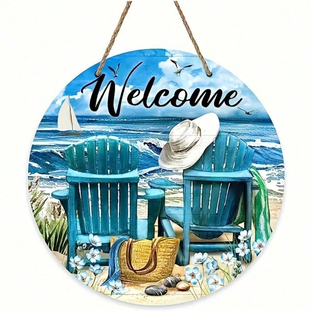 

Metal Wall Art Poster, Sea Beach with Seagull and Sailboat, Patio Decoration
