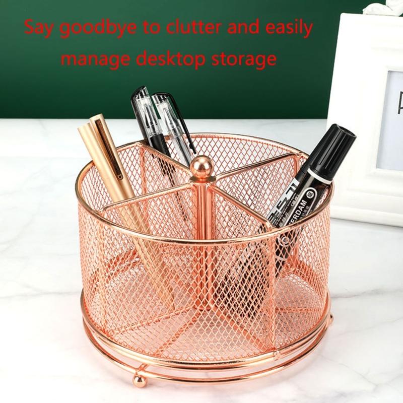 Practical Pen Holder Rotating Desk Organizer 4 Compartments Mesh Stationary Organizer Rotating Pen Organizer Office Home