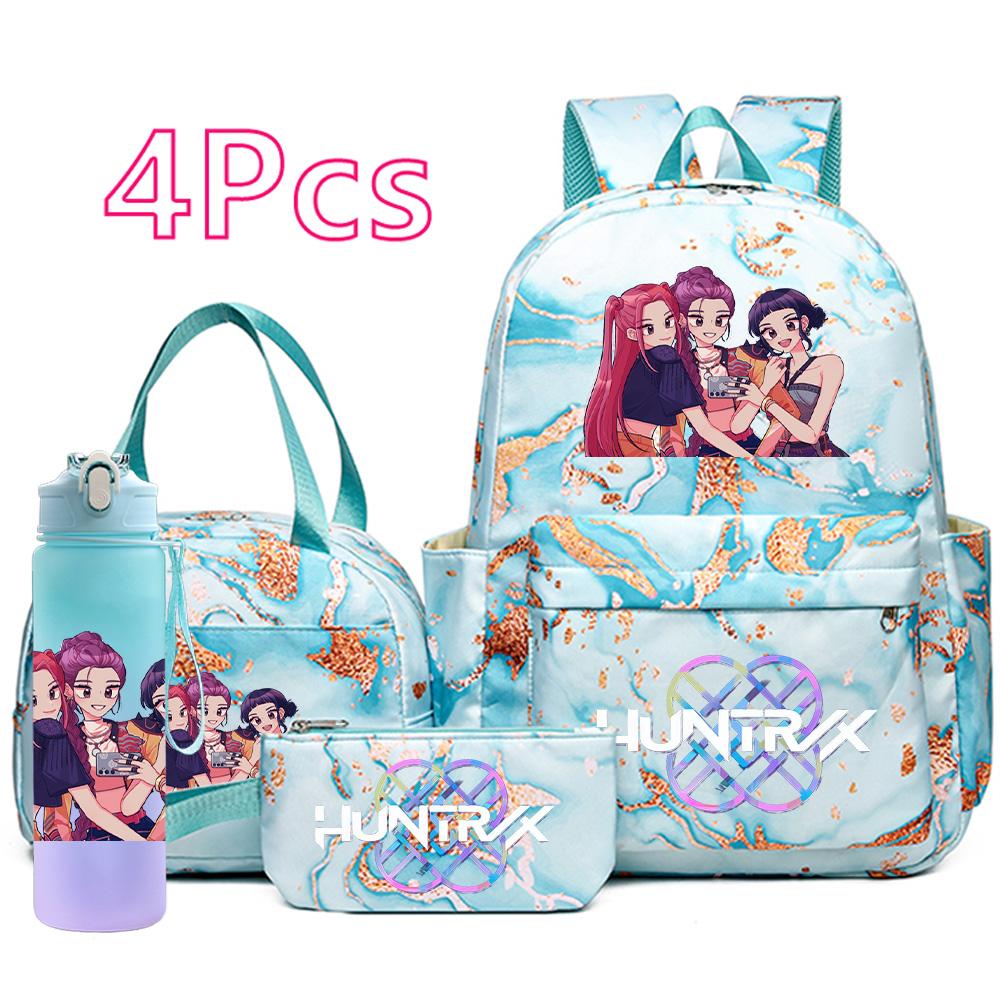 4Pcs/set Cartoon K-Pop Printed Backpack Handbag Pencil Case with 750Ml Water Bottler for Teenager Boy Girl Schoolbag Large Capacity Bookbag Mochila