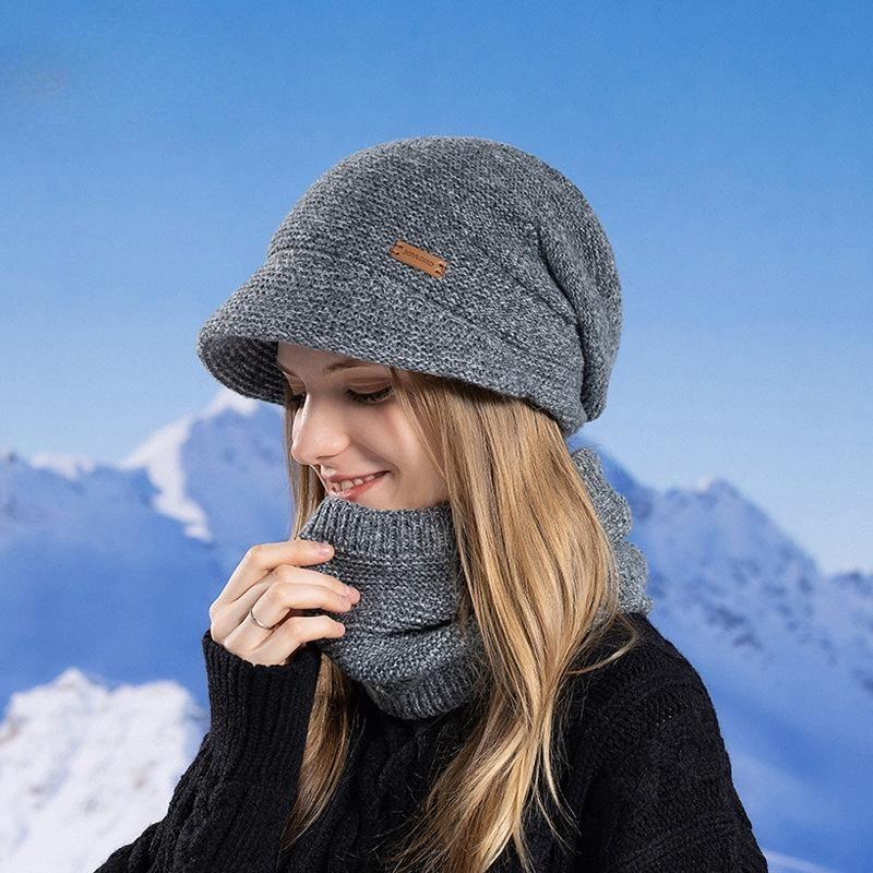 Winter Hat, Scarf Set, Velvet, Cold-proof and Warm Knitted Hat, Women's Hat with Brim, Ear Protectors, Wool Hat.