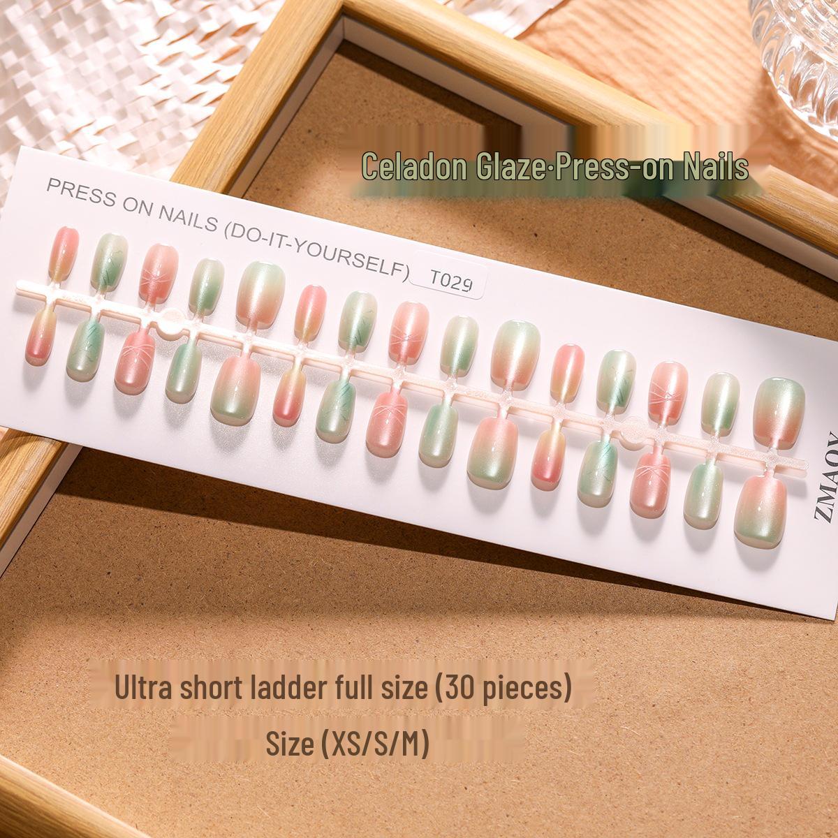 

T029# Celadon Gradient Cat Eye Wearable False Nails - Ultra-Short, Handmade, Available in XS, S, M.