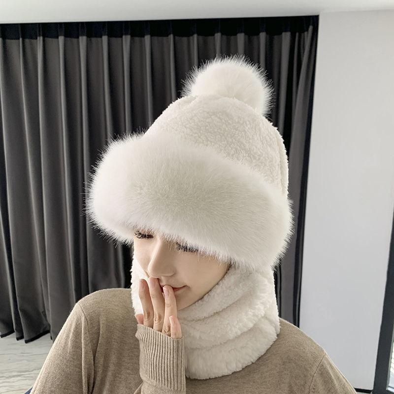Inverno Protezione Integrata per le Orecchie Cappello Antivento Cappello Baotou Sciarpa Maschera Pompon di Pelliccia Più Velluto Cappello Caldo da Ciclismo per Donna