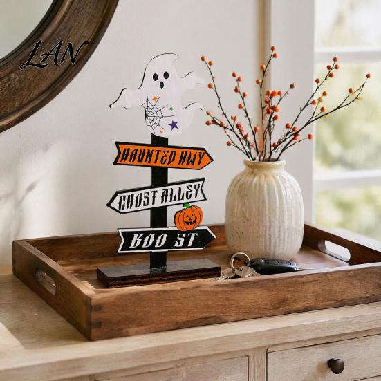 Halloween Atmosphere Props Wooden Sign Decoration, DIY Ghost Pumpkin Bat Tabletop Ornament with Indoor Festive Decor Spooky Slogans, Rustic