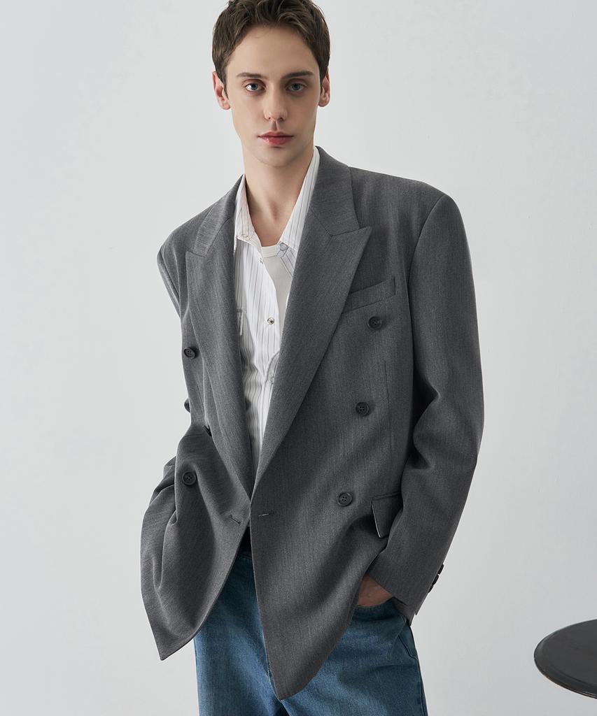 Draw Fit Herringbone Tailored Double Blazer [Grey]