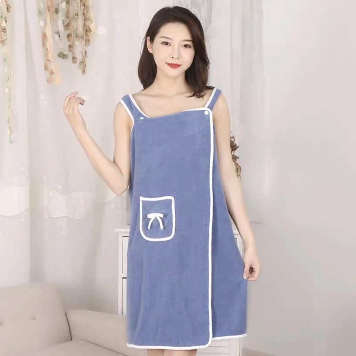 

WTEMPO Многофункциональное женское дорожное повседневное банное полотенце, мягкий впитывающий халат, банные платья с карманом и бантом, пляжные полотенца One Size синий