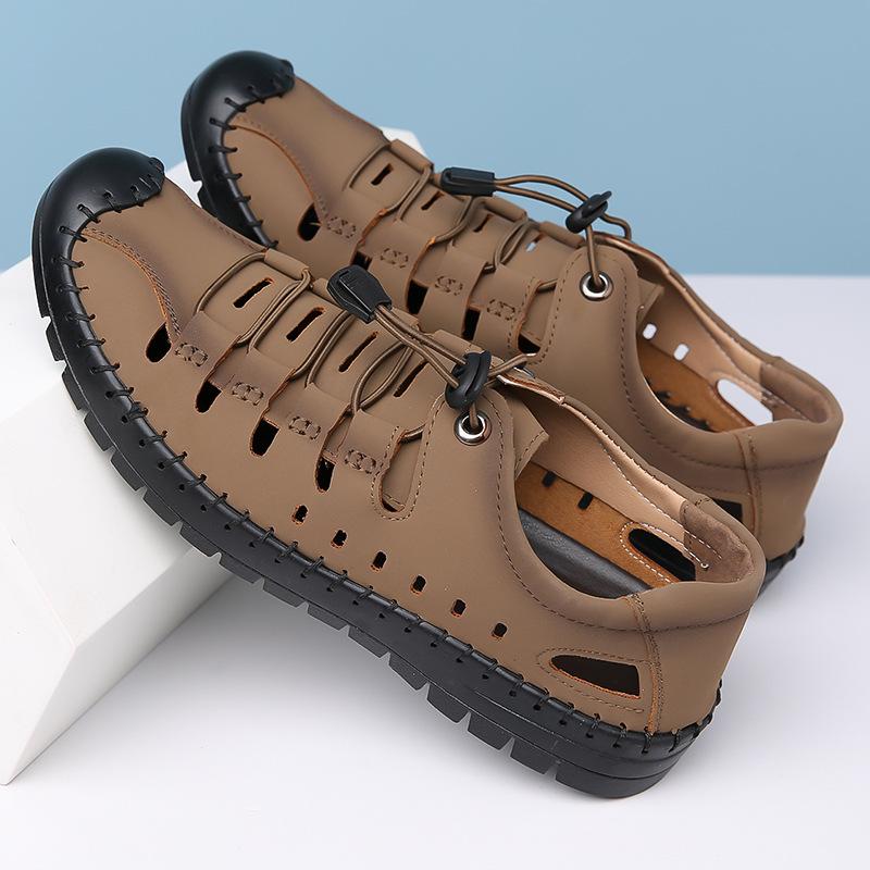 Fashion Big Size Casual Hallow Leather Sandals for Men 2025 Summer New Designer Solid Color Elastic Band Breathable Shoes Man