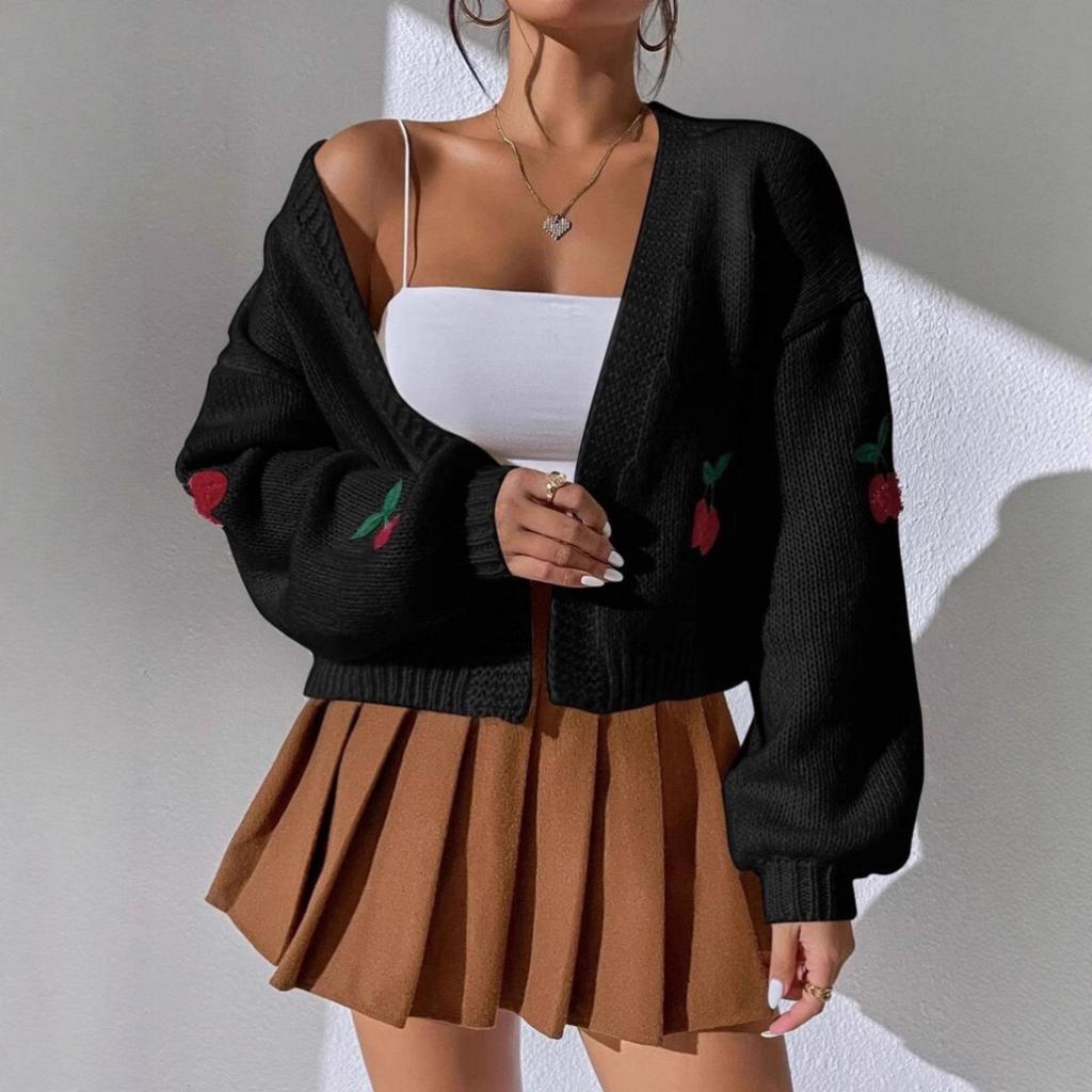 Europe, America, Autumn and Winter New Three-dimensional Cherry Embroidered Sweater Women's Buckle-free Loose Knitted Cardigan