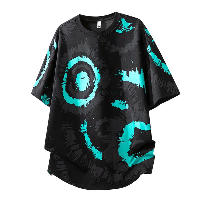 Men s Tie Dye Print Curved Hem T Shirt Loose Casual White Green Top L чёрный