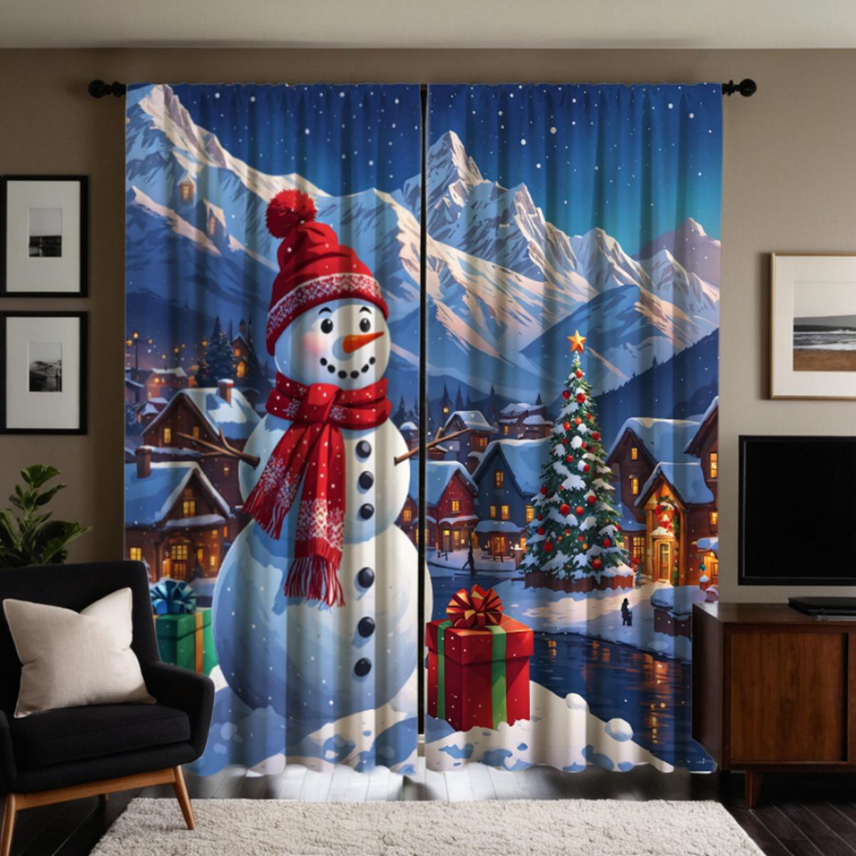 

2 шт. HD Рождественская снежная горная сельская декоративная занавеска со снеговиком Синяя занавеска с цифровой печатью в стиле домашнего декора W52H63inchW132H160cm