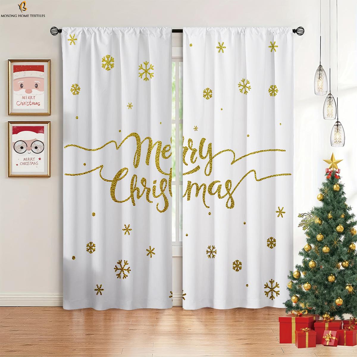 

Set Of 2 Christmas Decoration Curtains Colorful Balls Santa Claus Elk Pattern Holiday Party Window Curtain Polyester W100*H130(CM)-Hooks&2PCS