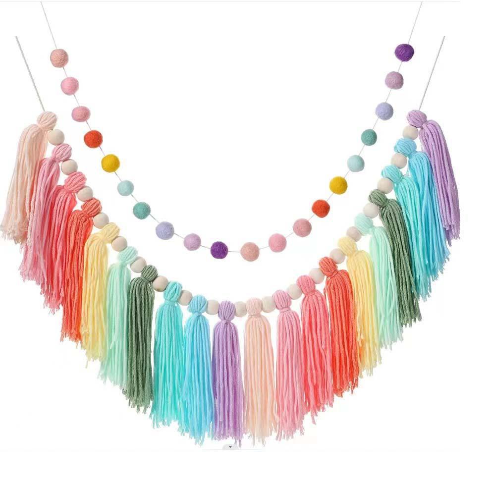 Nordic Style Wooden Bead and Pompom Tassel Wall Hanging for Children's Room