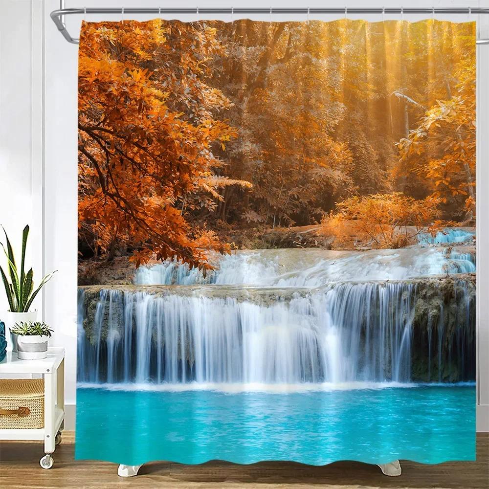 Autumn Waterfall Landscape Shower Curtains Forest Maple Red Leaves Plant Wild Tiger Fall Nature Scenery Cloth Bathroom Decor Set