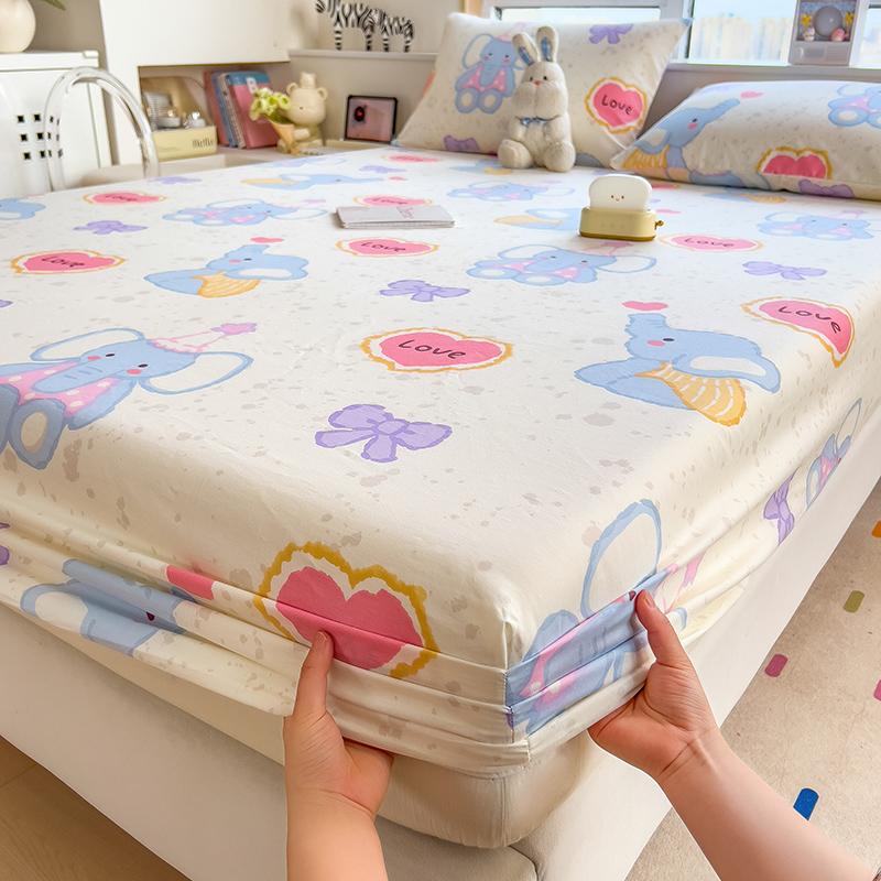 Cartoon Bed Sheets Set for Kids 100%Cotton Fitted Sheet with Elastic Band Cute Elephant Printed Bed Sheets for Single Bed King