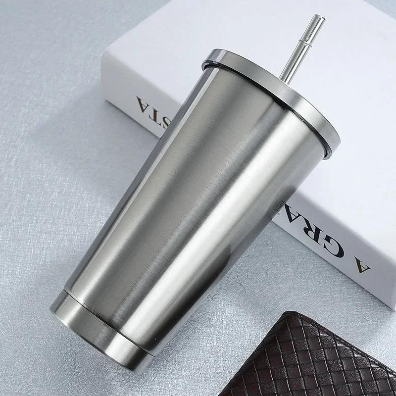 1pcs Stainless Steel Coffee Mug with Straw Lid Portable Coffee Cup Drinking Beer Milk Water Cup Restaurant Bar Party